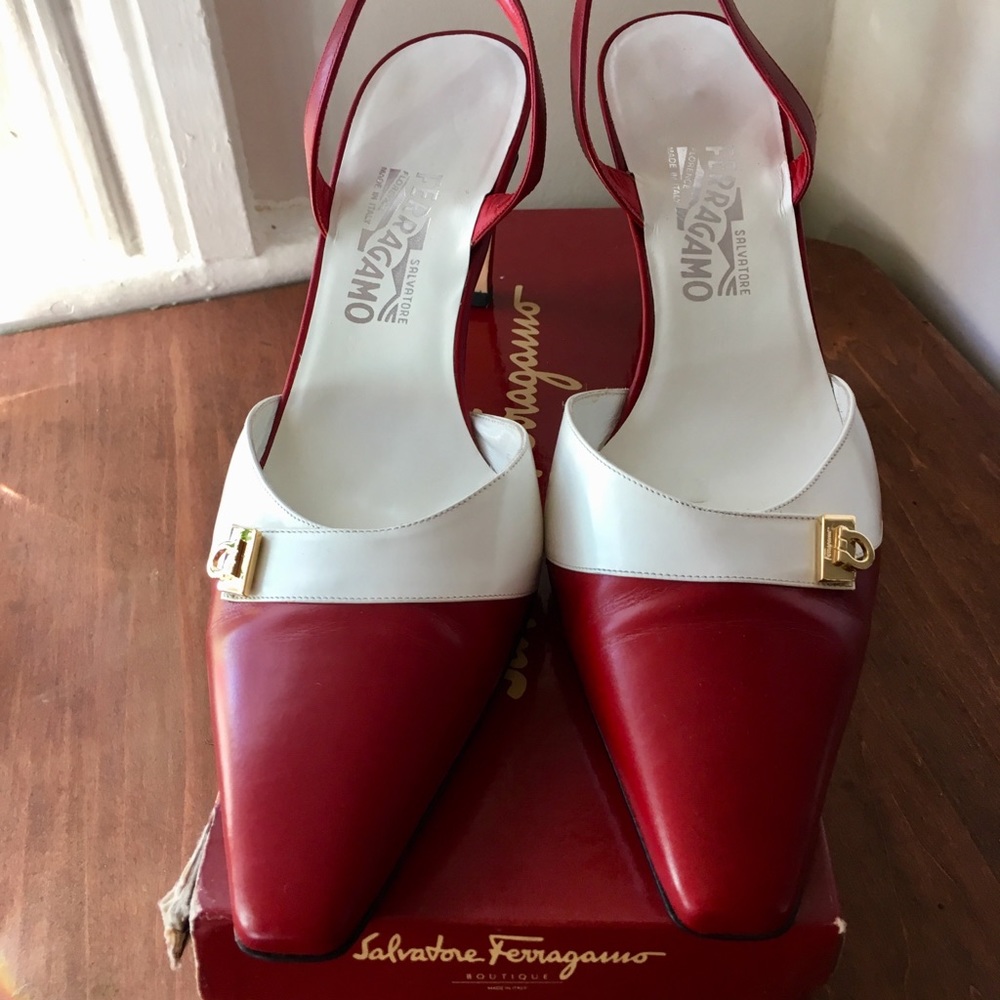 Ferragamo Red and White Sling-backs in size 12 D
